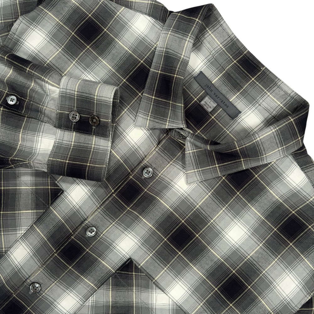 John Varvatos Shadow Plaid Button Up Shirt Mens L Black White Long Sleeve Pocket